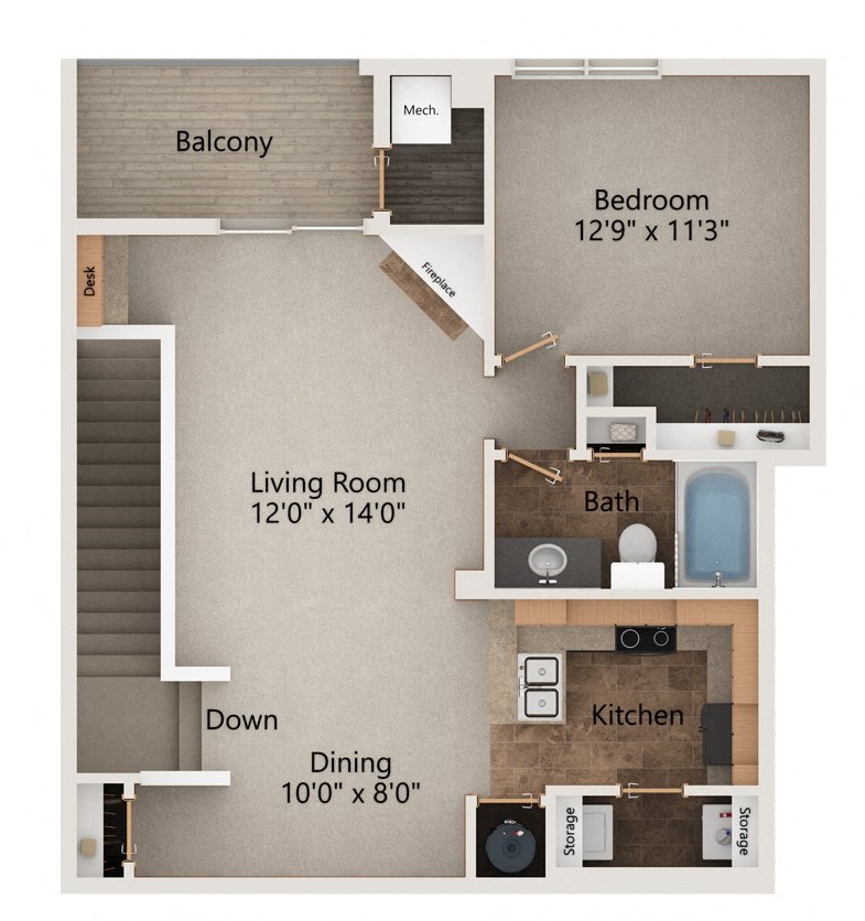 Floor plan for 1 bed, 1 bath, 924 sqft